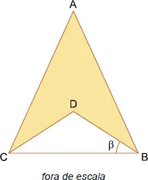 O triângulo ABC é isósceles com AB = AC = 4 cm, e o triângulo DBC é isosceles com DB = DC = 2 cm, conforme a figura.