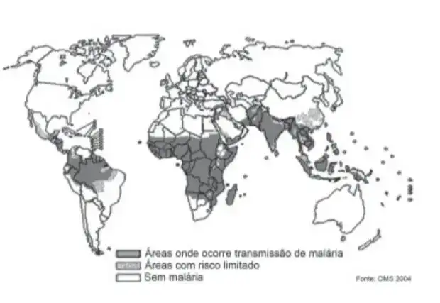 O mapa mostra a área de ocorrência da malária no mundo.