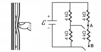 A imagem é uma simplificação do circuito formado pelas placas, em que A e B representam pontos onde o circuito pode ser fechado por meio do toque