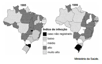 Os mapas abaixo apresentam informações acerca dos índices de infecção por leishmaniose tegumentar americana (LTA) em 1985 e 1999