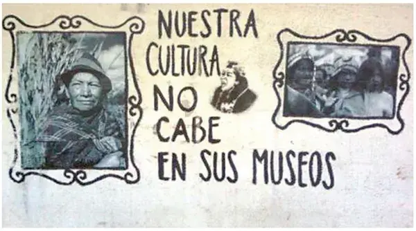 Produzida no Chile, no final da década de 1970, a imagem expressa um conflito entre culturas e sua presença em museus decorrente da