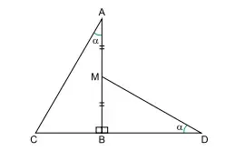 A figura indica triângulos retângulos CBA e MBD. Os pontos A, M e B são colineares, assim como também são colineares os pontos 