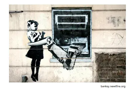 O grafite reproduzido, do artista Bansky, está localizado nas proximidades de um mercado no norte da cidade de Londres