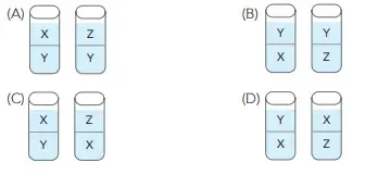 Para uma experiência de misturas, há três líquidos disponíveis em um laboratório: X, Y e Z. Em dois recipientes transparentes, foram adicionados volumes iguais de dois desses líquidos, à temperatura ambiente