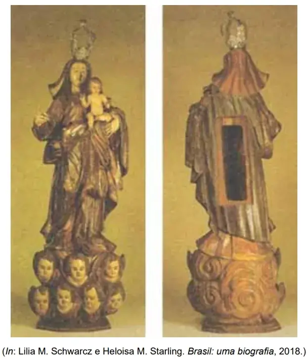 Observe a imagem de Nossa Senhora do Rosário, produzida na região das Minas Gerais no século XVIII 