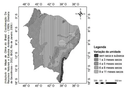 A região Nordeste brasileira é marcada por contrastes climáticos: áreas úmidas e áreas com longos períodos de estiagem. O mapa a seguir mostra a variação da umidade por meses em relação à distribuição das chuvas