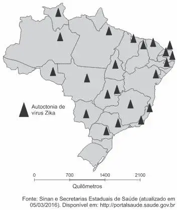 A figura a seguir representa as Unidades da Federação com casos autóctones de febre pelo vírus Zika com confirmação laboratorial até a Semana Epidemiológica 9, Brasil, 2016.