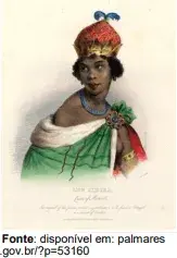 A gravura mostra Jinga, Ngola do Ndongo. Sua história exemplifica o papel político que as mulheres desempenhavam nas sociedades africanas pré-coloniais.